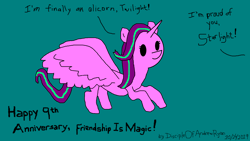 Size: 1920x1080 | Tagged: safe, artist:discipleofandrewryan, imported from derpibooru, starlight glimmer, alicorn, pony, 1000 hours in ms paint, alicornified, badly drawn, beady eyes, female, mare, mlp fim's ninth anniversary, ms paint, offscreen character, race swap, simple background, starlicorn, stylistic suck, teal background, title drop, xk-class end-of-the-world scenario, xk-class end-of-the-world scenario alicorn