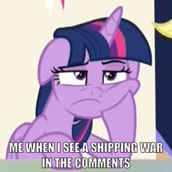 Size: 1440x1440 | Tagged: safe, edit, edited screencap, imported from derpibooru, screencap, twilight sparkle, alicorn, pony, the beginning of the end, comedy, cropped, drama, female, friendship throne, mare, meme, reaction image, shipping, shipping war, solo, twilight sparkle (alicorn)