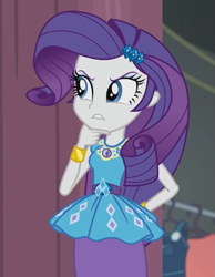 Size: 787x1013 | Tagged: safe, imported from derpibooru, screencap, rarity, equestria girls, equestria girls series, rarity investigates: the case of the bedazzled boot, bracelet, clothes, clothes rack, cropped, cute, female, geode of shielding, jewelry, magical geodes, pencil skirt, raribetes, rarity peplum dress, skirt, solo, thinking