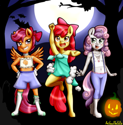 Size: 3260x3308 | Tagged: safe, artist:anibaruthecat, imported from derpibooru, apple bloom, scootaloo, sweetie belle, anthro, bat, earth pony, pegasus, unguligrade anthro, unicorn, apple bloomers, adorabloom, armpits, belly button, blue underwear, blushing, bowtie, clothes, cute, cutealoo, cutie mark crusaders, diasweetes, dress, explicit source, female, frilly underwear, full moon, halloween, heart, heart print underwear, holiday, jack-o-lantern, looking at you, midriff, moon, open mouth, panties, pink underwear, pumpkin, raised fist, ribbon, shorts, smiling, socks, strapless, suspenders, underwear, upskirt