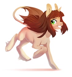 Size: 1193x1280 | Tagged: safe, artist:tavyapl, imported from derpibooru, oc, oc only, pony, unicorn, female, horn, leonine tail, running, simple background, smiling, solo, white background