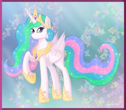 Size: 957x835 | Tagged: safe, artist:mesuyoru, imported from derpibooru, princess celestia, alicorn, pony, crown, digital art, fanart, female, flowing mane, jewelry, one hoof raised, raised hoof, regalia, solo, sunbutt