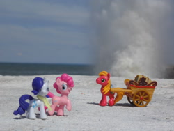 Size: 2592x1944 | Tagged: safe, artist:dingopatagonico, imported from derpibooru, big macintosh, pinkie pie, rarity, earth pony, pony, unicorn, barrel, cart, female, irl, male, mare, measuring tape, photo, smoke, stallion, toy, trio