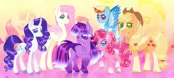 Size: 1920x869 | Tagged: safe, artist:sadelinav, imported from derpibooru, applejack, fluttershy, pinkie pie, rainbow dash, rarity, twilight sparkle, twilight sparkle (alicorn), alicorn, earth pony, pegasus, pony, unicorn, alternate design, coat markings, colored hooves, colored wings, cowboy hat, curved horn, female, flying, hat, horn, mane six, mare, socks (coat marking), socks (coat markings), unshorn fetlocks, wings