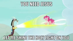 Size: 1440x810 | Tagged: safe, edit, edited screencap, imported from derpibooru, screencap, discord, pinkie pie, draconequus, earth pony, the ending of the end, grogar's bell, meme