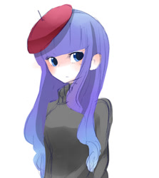 Size: 624x700 | Tagged: safe, artist:mizoreame, imported from derpibooru, rarity, human, beatnik rarity, beret, clothes, cute, female, hat, humanized, raribetes, simple background, solo, sweater, white background