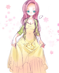 Size: 633x792 | Tagged: safe, artist:mizoreame, imported from derpibooru, fluttershy, human, chick, clothes, cute, dress, female, floating wings, humanized, shyabetes, simple background, solo, white background, wings