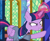 Size: 1136x941 | Tagged: safe, imported from derpibooru, screencap, dj pon-3, twilight sparkle, vinyl scratch, alicorn, pony, a trivial pursuit, bell, clothes, cropped, female, glowing horn, grin, horn, levitation, magic, mare, shirt, smiling, solo, t-shirt, telekinesis, twilight sparkle (alicorn)