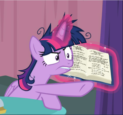 Size: 1006x942 | Tagged: safe, imported from derpibooru, screencap, twilight sparkle, alicorn, pony, a trivial pursuit, book, cropped, female, glowing horn, horn, levitation, lip bite, magic, mare, messy mane, pointing, solo, telekinesis, twilight sparkle (alicorn)