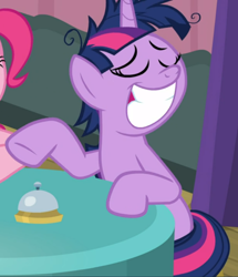 Size: 808x938 | Tagged: safe, imported from derpibooru, screencap, twilight sparkle, alicorn, pony, a trivial pursuit, bell, big smile, cropped, eyes closed, female, grin, messy mane, offscreen character, proud, sitting, smiling, solo focus, table, teeth, twilight sparkle (alicorn)
