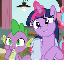 Size: 1003x941 | Tagged: safe, imported from derpibooru, screencap, cup cake, spike, twilight sparkle, alicorn, dragon, pony, a trivial pursuit, amused, baby dragon, claws, cropped, cute, duo focus, female, glowing horn, green eyes, grin, hand over mouth, levitation, looking at someone, magic, magic aura, male, mare, obscured face, offscreen character, purple eyes, raised eyebrow, raised hoof, saddle bag, slit eyes, slit pupils, smiling, smirk, spikabetes, telekinesis, twiabetes, twilight sparkle (alicorn), winged spike, wings