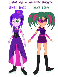 Size: 3547x4662 | Tagged: safe, artist:lhenao, imported from derpibooru, oc, oc:dawn blast, oc:night spell, equestria girls, alternate timeline, alternate universe, glasses, parent:midnight sparkle, parent:timber spruce, twin sisters, twins