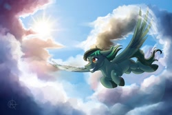 Size: 1280x854 | Tagged: safe, artist:klarapl, imported from derpibooru, oc, oc only, oc:target strike, pegasus, pony, cloud, cloven hooves, commission, cutie mark, flying, male, sky, smiling, solo, sun