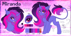 Size: 7526x3854 | Tagged: safe, artist:airfly-pony, imported from derpibooru, oc, oc only, oc:miranda, pony, unicorn, vampire, chest fluff, curved horn, eye clipping through hair, fangs, female, forked tongue, horn, leonine tail, reference sheet, slit pupils, solo, tongue out