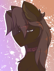 Size: 815x1080 | Tagged: safe, artist:chebypattern, imported from derpibooru, oc, oc only, oc:chebypattern, alicorn, pony, abstract background, alicorn oc, bedroom eyes, bisexual, bust, collar, eyelashes, femboy, lipstick, makeup, male, portrait, simple background, solo, stallion