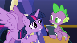 Size: 1920x1080 | Tagged: safe, imported from derpibooru, screencap, spike, twilight sparkle, alicorn, dragon, pony, the last problem, box, comic book, concerned, confused, spread wings, twilight sparkle (alicorn), wings, worried