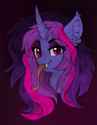 Size: 2124x2743 | Tagged: safe, artist:airfly-pony, artist:trickate, imported from derpibooru, oc, oc only, oc:miranda, original species, pony, unicorn, vampire, bust, ear fluff, fangs, forked tongue, horn, looking at you, portrait, slit pupils, solo, tongue out