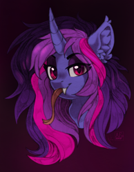 Size: 2124x2743 | Tagged: safe, alternate version, artist:airfly-pony, artist:trickate, imported from derpibooru, oc, oc only, oc:miranda, pony, unicorn, vampire, bust, ear fluff, fangs, forked tongue, horn, portrait, slit pupils, solo, tongue out