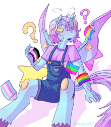 Size: 1633x1857 | Tagged: safe, artist:beth, artist:php93, imported from derpibooru, oc, oc:stargrazer, anthro, changedling, changeling, changeling oc, confused, pride, pride flag, transgender pride flag