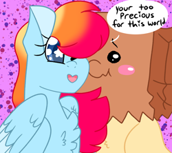 Size: 4500x4000 | Tagged: safe, artist:crazysketch101, imported from derpibooru, oc, oc only, oc:crazy looncrest, oc:paper bag, earth pony, pegasus, pony, abstract background, blush sticker, blushing, chest fluff, commission, duo, female, mare, misspelling of you're, starry eyes, wingding eyes, ych result