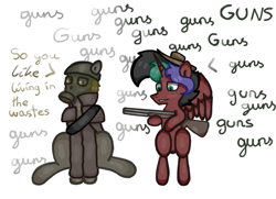 Size: 1183x857 | Tagged: safe, artist:hunterthewastelander, imported from derpibooru, oc, oc only, oc:rimfire cazador, alicorn, earth pony, pony, fallout equestria, alicorn oc, dialogue, earth pony oc, gas mask, gun, hat, mask, sitting, text, weapon