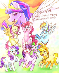 Size: 1200x1484 | Tagged: safe, artist:hobilo, imported from derpibooru, applejack, fluttershy, pinkie pie, rainbow dash, rarity, spike, twilight sparkle, alicorn, dragon, earth pony, pegasus, pony, unicorn, the last problem, cowboy hat, dragons riding ponies, end of ponies, female, flying, hat, male, mane seven, mane six, mare, older, older twilight, open mouth, pixiv, princess twilight 2.0, riding, spike riding twilight, thank you, twilight sparkle (alicorn), unicorn twilight