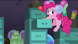 Size: 1920x1080 | Tagged: safe, imported from derpibooru, screencap, pinkie pie, earth pony, pony, the last problem, balloon, cake, female, file, file cabinet, food, happy, heart balloon, mare, party cave, smiling, solo, that pony sure does love balloons, wrapping paper