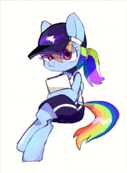 Size: 829x1126 | Tagged: dead source, safe, alternate version, artist:poneko-chan, artist:tn60_, imported from derpibooru, rainbow dash, pony, alternate hairstyle, cap, clipboard, clothes, cute, dashabetes, eye clipping through hair, female, hat, mare, ponytail, shorts, simple background, sitting, solo, white background