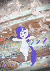 Size: 848x1200 | Tagged: safe, artist:yanamosuda, imported from derpibooru, rarity, pony, unicorn, blushing, cute, fabric, female, floating, jupiter, levitation, magic, mannequin, mare, open mouth, raribetes, ribbon, scissors, solo, telekinesis, thread
