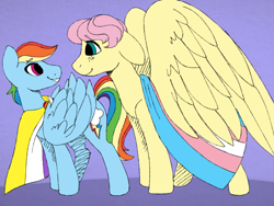 Size: 2048x1536 | Tagged: safe, artist:incendiaryboobs, artist:incendiarymoth, imported from derpibooru, fluttershy, rainbow dash, pegasus, pony, cutie mark, floppy ears, gender headcanon, lgbt headcanon, looking at you, nonbinary, nonbinary pride flag, pride, pride flag, smiling, trans boy, trans male, trans stallion, transgender, transgender pride flag