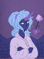 Size: 1536x2048 | Tagged: safe, artist:incendiaryboobs, artist:incendiarymoth, imported from derpibooru, princess luna, alicorn, human, female, glowing horn, horn, horned humanization, humanized, looking at you, solo