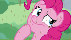 Size: 1920x1080 | Tagged: safe, imported from derpibooru, screencap, pinkie pie, earth pony, pony, the ending of the end, chocolate, chocolate rain, female, food, hoof on chin, mare, rain, solo, thinking