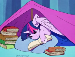 Size: 2048x1536 | Tagged: safe, artist:incendiaryboobs, artist:incendiarymoth, imported from derpibooru, twilight sparkle, alicorn, pony, book, female, floppy ears, fort, pillow, reading, smiling, solo, twilight sparkle (alicorn), unshorn fetlocks