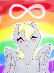 Size: 768x1024 | Tagged: safe, artist:incendiaryboobs, artist:incendiarymoth, imported from derpibooru, derpy hooves, pegasus, pony, autism, blushing, female, infinity, infinity symbol, mare, neurodivergent, neurodivergent headcanon, pride flag, rainbow background, smiling, solo