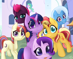 Size: 4993x4000 | Tagged: safe, artist:kids-in-the-corner, artist:those kids in the corner, imported from derpibooru, fizzlepop berrytwist, moondancer, princess celestia, starlight glimmer, sunset shimmer, tempest shadow, trixie, twilight sparkle, alicorn, pony, unicorn, absurd resolution, broken horn, canterlot, castle, counterparts, cute, dancerbetes, diatrixes, female, filly, filly moondancer, filly starlight glimmer, filly sunset shimmer, filly tempest shadow, filly trixie, filly twilight sparkle, glimmerbetes, group photo, happy, horn, hug, looking at you, magical sextet, photo, shimmerbetes, smiling, speedpaint, speedpaint available, store, tempestbetes, tongue out, twiabetes, twilight's counterparts, unicorn master race, unicorn twilight, young, younger