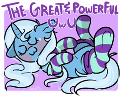 Size: 4000x3183 | Tagged: safe, artist:befishproductions, imported from derpibooru, trixie, pony, unicorn, blush sticker, blushing, clothes, cute, diatrixes, eyes closed, female, floppy ears, furry, high res, mare, on back, socks, solo, striped socks, uwu
