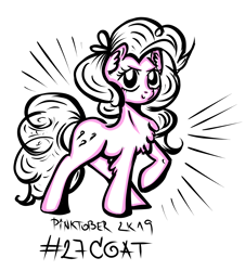 Size: 2646x2924 | Tagged: safe, artist:coco-drillo, imported from derpibooru, pinkie pie, earth pony, pony, chest fluff, clothes, coat, determined, ear fluff, female, inktober, monochrome, pinktober, smiling, smirk, solo, standing, swirly mane