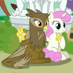 Size: 367x367 | Tagged: safe, imported from derpibooru, screencap, geneva, twinkleshine, griffon, pony, unicorn, the last problem, background griffon, background pony, cropped, duo, female, mare, older, peace sign, pose, statue