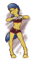 Size: 1050x1800 | Tagged: safe, artist:trefoiler, imported from derpibooru, oc, oc only, oc:soft step, anthro, earth pony, pony, armpits, bandage, clothes, colored sketch, female, legs, mare, midriff, shorts, simple background, sketch, smiling, solo, sports bra, sports shorts, white background