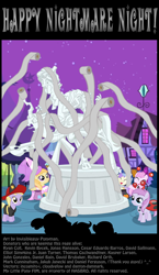 Size: 952x1636 | Tagged: safe, artist:invisibleguy-ponyman, artist:ponymaan, imported from derpibooru, cozy glow, lord tirek, queen chrysalis, the ending of the end, adventure in the comments, clothes, costume, halloween, halloween costume, holiday, legion of doom statue, nightmare night, petrification, statue, toilet paper