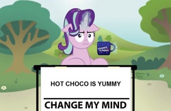 Size: 1024x662 | Tagged: safe, edit, imported from derpibooru, starlight glimmer, pony, :i, change my mind, chocolate, female, food, hot chocolate, i mean i see, solo, truth