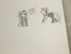 Size: 3264x2448 | Tagged: safe, artist:phoenixacezero, imported from derpibooru, trixie, twilight sparkle, pony, unicorn, clothes, cosplay, costume, death note, female, lesbian, light yagami, misa amane, shipping, traditional art, twixie, unicorn twilight