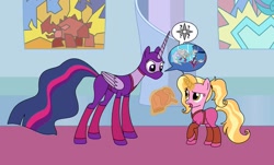 Size: 1149x695 | Tagged: safe, artist:author92, imported from derpibooru, luster dawn, princess celestia, twilight sparkle, twilight sparkle (alicorn), alicorn, pony, unicorn, the last problem, alternate clothes, alternate costumes, brightly colored ninjas, canterlot, canterlot castle, canterlot throne room, flowing tail, folded wings, kunoichi, magic, magic glow, mask, ninja, older, older twilight, pictogram, princess twilight 2.0, speech bubble, stained glass, surprised, telekinesis, twilight's canterlot home, wings