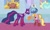 Size: 1149x695 | Tagged: safe, artist:author92, imported from derpibooru, luster dawn, princess celestia, twilight sparkle, twilight sparkle (alicorn), alicorn, pony, unicorn, the last problem, alternate clothes, alternate costumes, brightly colored ninjas, canterlot, canterlot castle, canterlot throne room, flowing tail, folded wings, kunoichi, magic, magic glow, mask, ninja, older, older twilight, pictogram, princess twilight 2.0, speech bubble, stained glass, surprised, telekinesis, twilight's canterlot home, wings