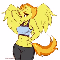 Size: 3000x3000 | Tagged: safe, artist:rainbowsprinklesart, imported from derpibooru, spitfire, anthro, pegasus, arm behind head, armpits, belly button, breasts, busty spitfire, clothes, female, hand on hip, midriff, pants, sexy, simple background, sketch, solo, sports bra, white background, yoga pants