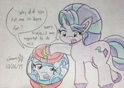 Size: 2164x1536 | Tagged: safe, artist:gmangamer25, imported from derpibooru, starlight glimmer, trixie, pony, unicorn, bondage, capsule, dialogue, encasement, female, lesbian, magic, monochrome, shipping, startrix, traditional art, trixieball