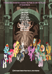 Size: 1000x1432 | Tagged: safe, artist:jerryakiraclassics19, artist:jhayarr23, imported from derpibooru, applejack, flash magnus, fluttershy, meadowbrook, mistmane, pinkie pie, rainbow dash, rarity, rockhoof, somnambula, star swirl the bearded, twilight sparkle, alicorn, pony, shadow play, big crown thingy, element of generosity, element of honesty, element of kindness, element of laughter, element of loyalty, element of magic, elements of harmony, female, jewelry, male, mane six, mistmane's flower, netitus, pillars of equestria, poster, regalia, shield, twilight sparkle (alicorn)