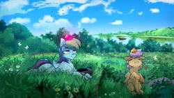 Size: 1192x671 | Tagged: safe, artist:icychamber, imported from derpibooru, rainbow dash, scootaloo, butterfly, pegasus, pony, duo, field, grass, grass field, scenery, sky, water