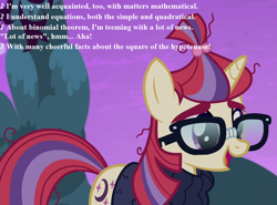 Size: 972x720 | Tagged: safe, edit, edited screencap, imported from derpibooru, screencap, moondancer, pony, unicorn, amending fences, clothes, cropped, cute, dancerbetes, female, gilbert and sullivan, glasses, lyrics, mare, modern major general, solo, song reference, sweater, text, the pirates of penzance