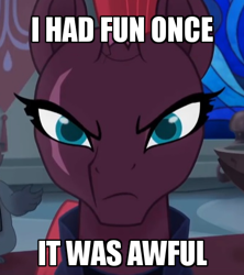 Size: 400x450 | Tagged: safe, edit, edited screencap, imported from derpibooru, screencap, grubber, tempest shadow, my little pony: the movie, broken horn, caption, cropped, grumpy cat, horn, i had fun once and it was awful, image macro, looking at you, scar, solo focus, text